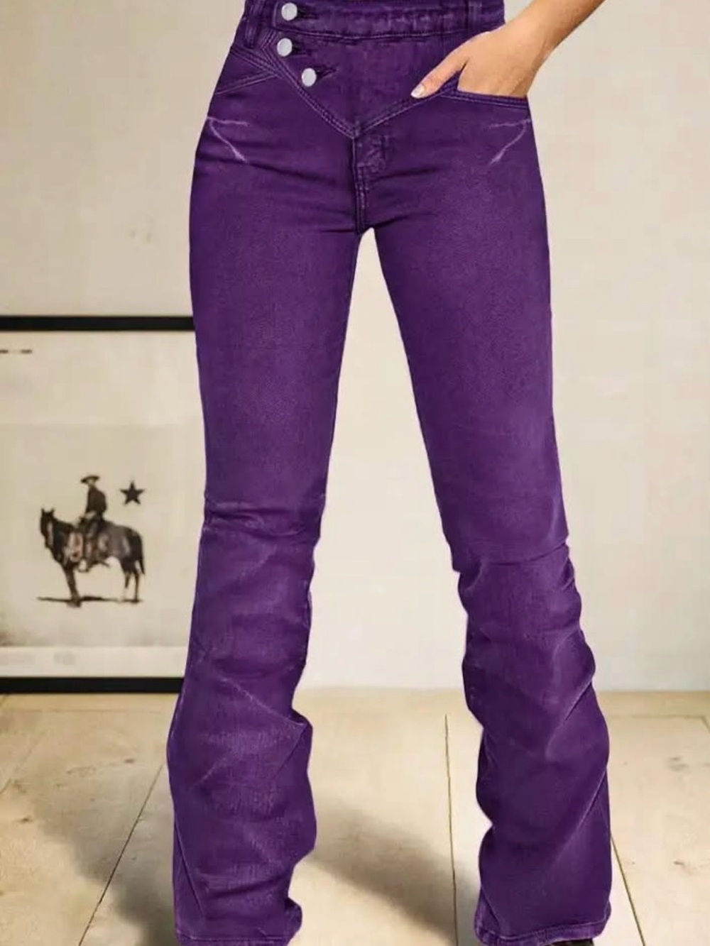 NWT. Flamingals Asymmetrical Patched Pocket Back Button High Waist Bootcut Pants